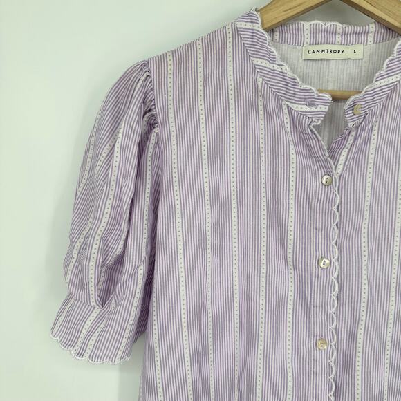 Tuckernuck LANHTROPY 100% Linen Scallop Blouse Striped Puff Sleeve Shirt Top - Picture 8 of 15